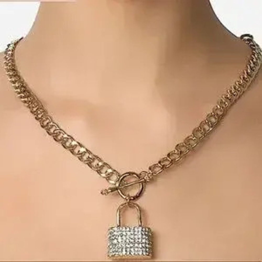 Gold Lock Rhinestone Chain Link Toggle Necklace